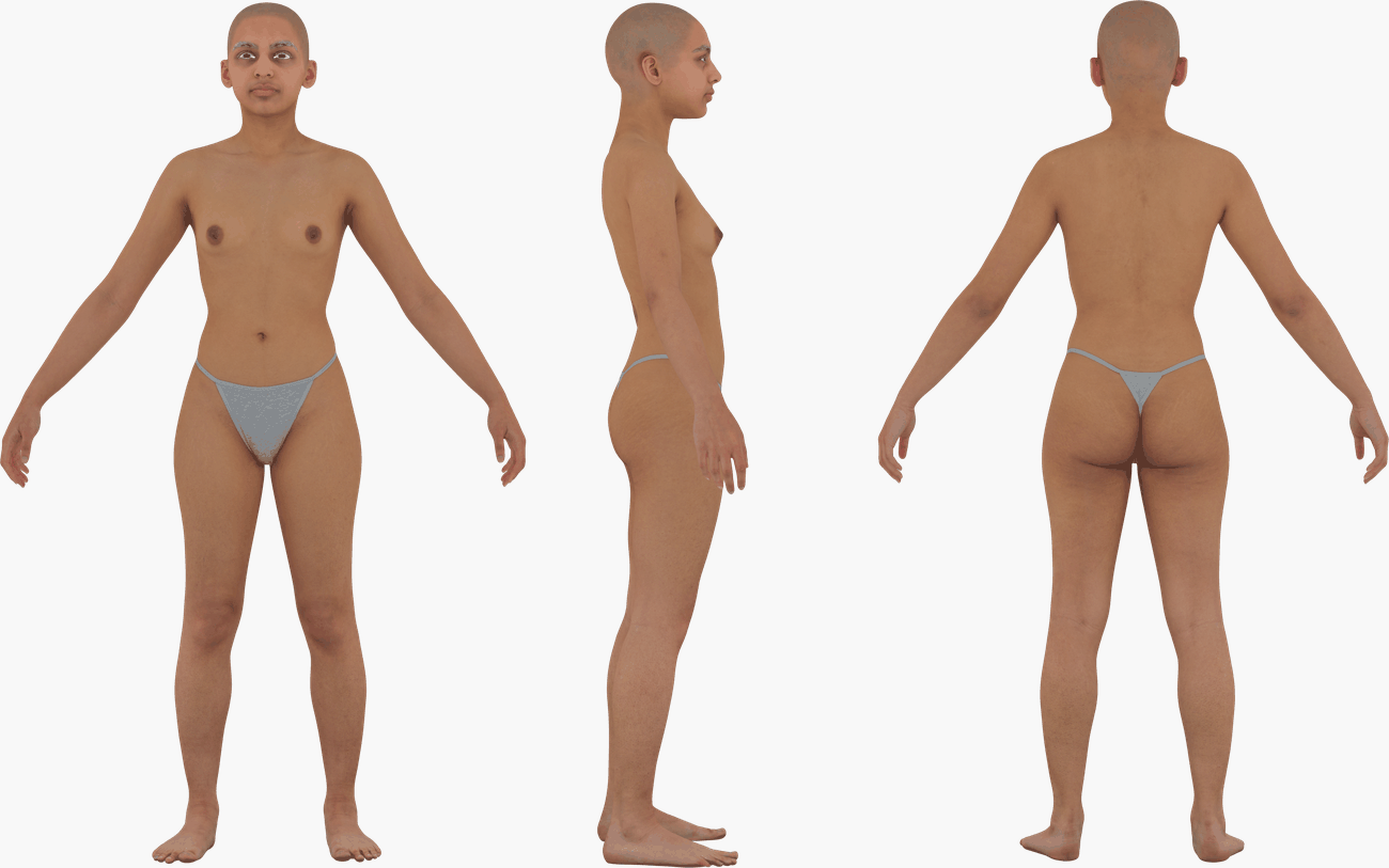 PBR texture map set for a female 3D body scan including Albedo, Normals, Specular, Metalness and Diffuse maps at 16K